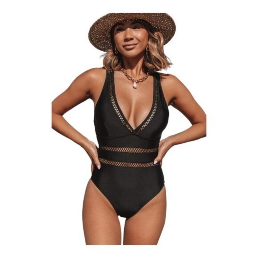 Black Swimsuit Deep V-Neck Cross Back Size Small NWT #2434